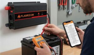 Troubleshooting a fault: The red light is on, and the user is checking battery voltage and consulting a beep code guide.