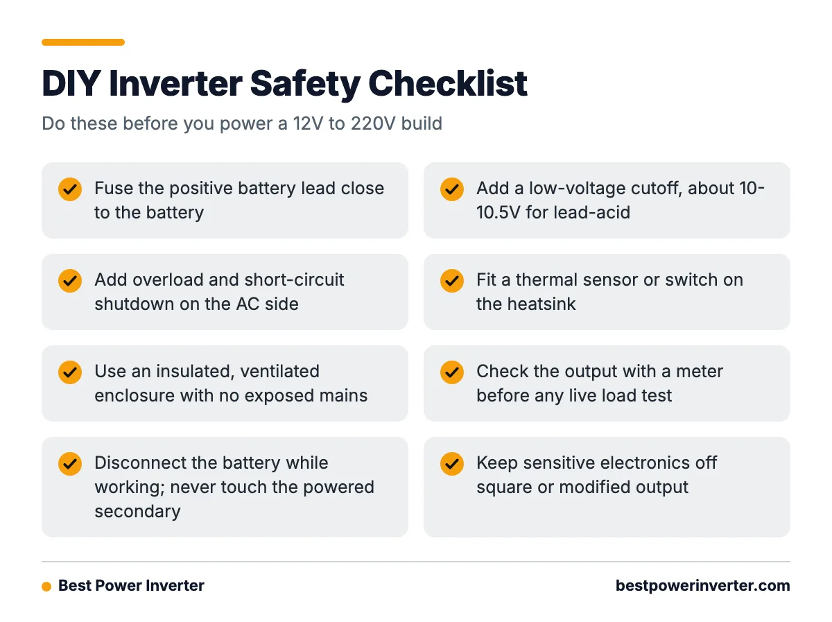A checklist of eight safety and protection steps to complete before powering a DIY 12V to 220V inverter.