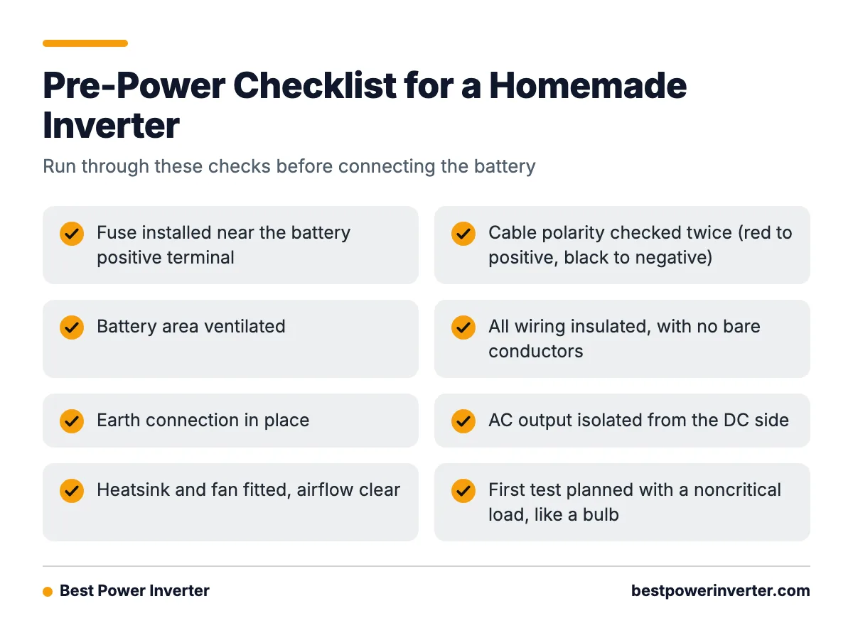A checklist of eight safety checks to complete before powering a homemade 12 V to 220 V inverter, including fuse, polarity, ventilation, insulation, earthing, isolation, cooling and a first test with a bulb.
