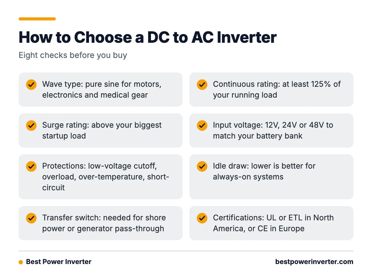 A checklist of eight things to check when choosing a DC to AC inverter, from wave type to safety certifications.