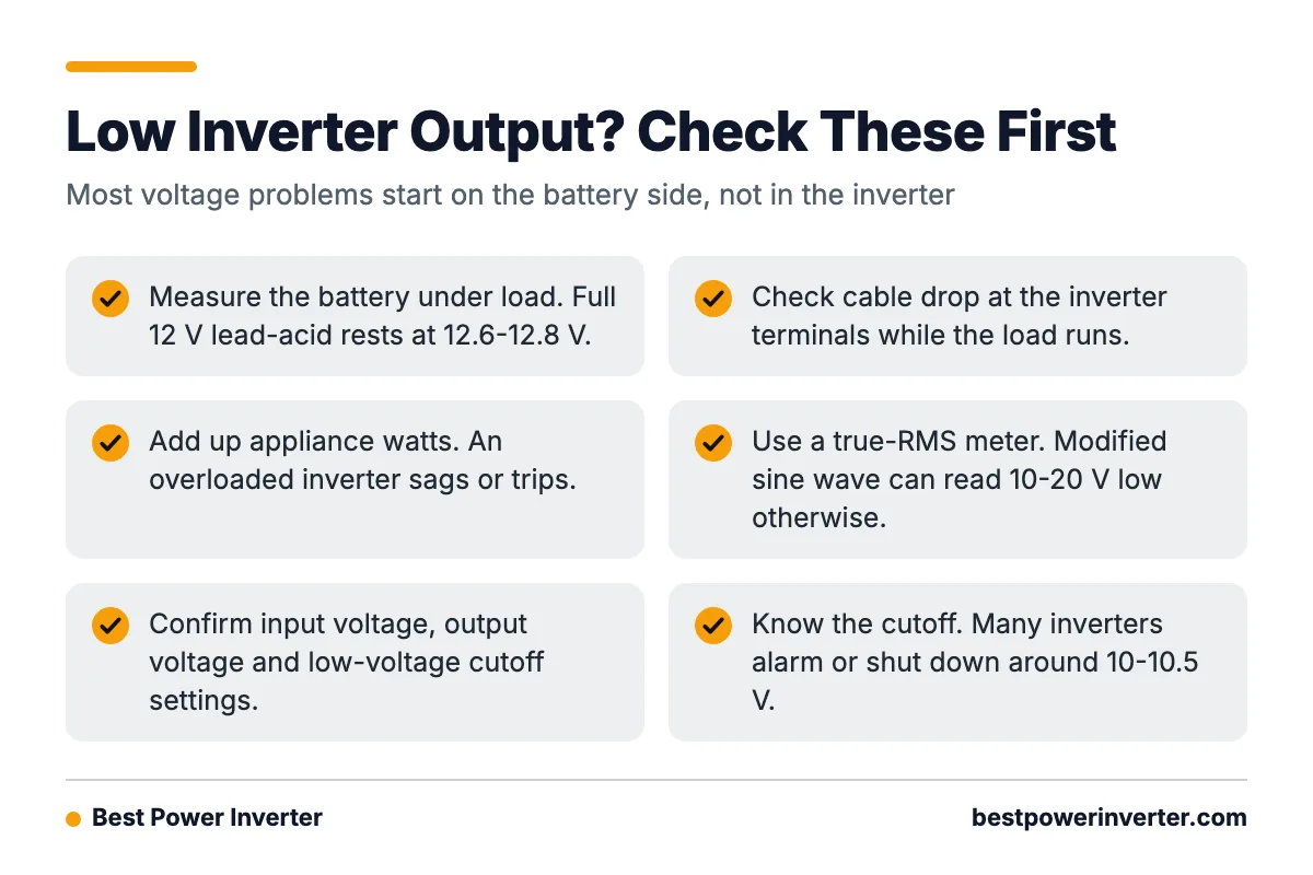 A checklist of five things to check when inverter output voltage looks low: battery under load, cable drop, load wattage, meter type and inverter settings.
