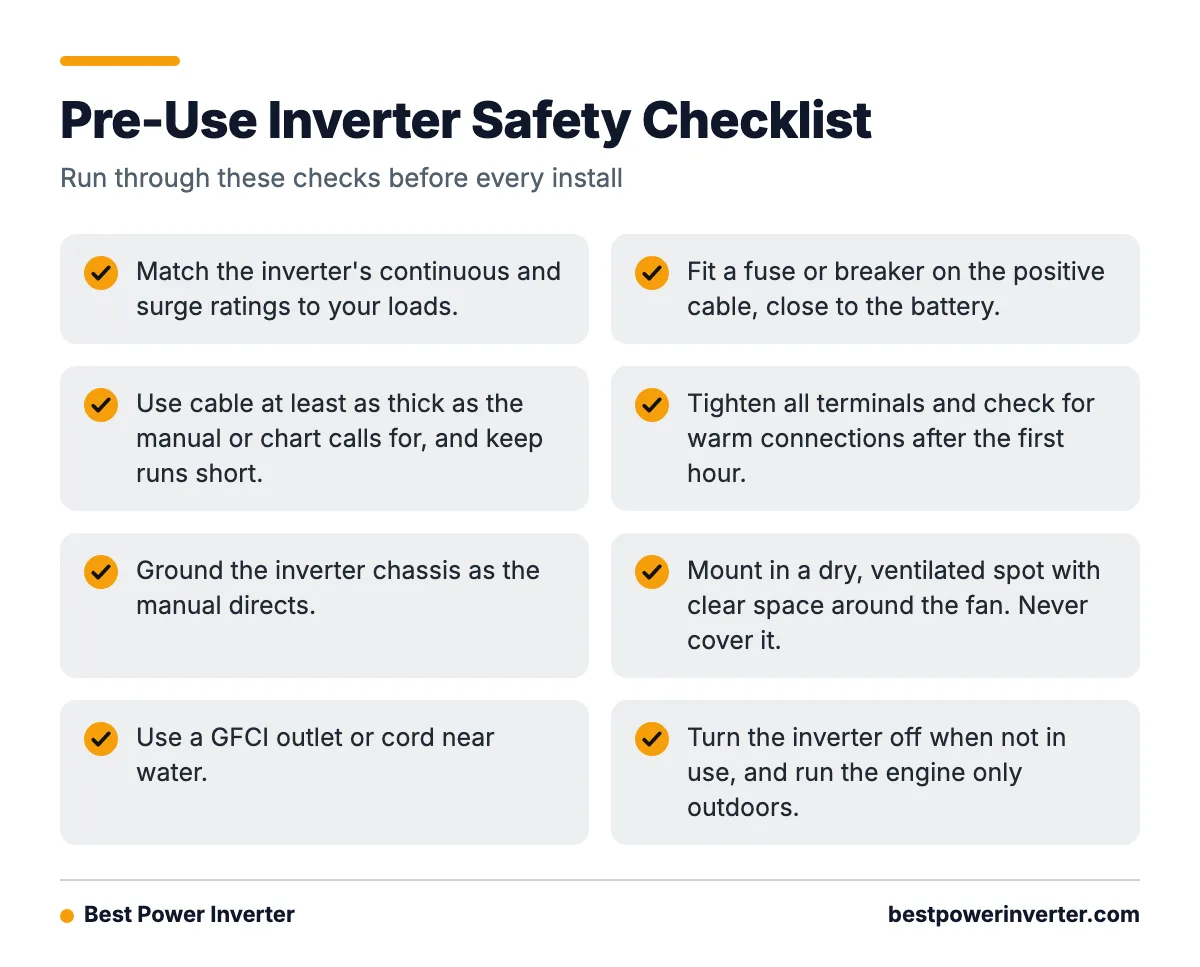 A checklist of key safety checks to complete before using a power inverter, covering ratings, fuses, cables, terminals, ventilation and shutdown.