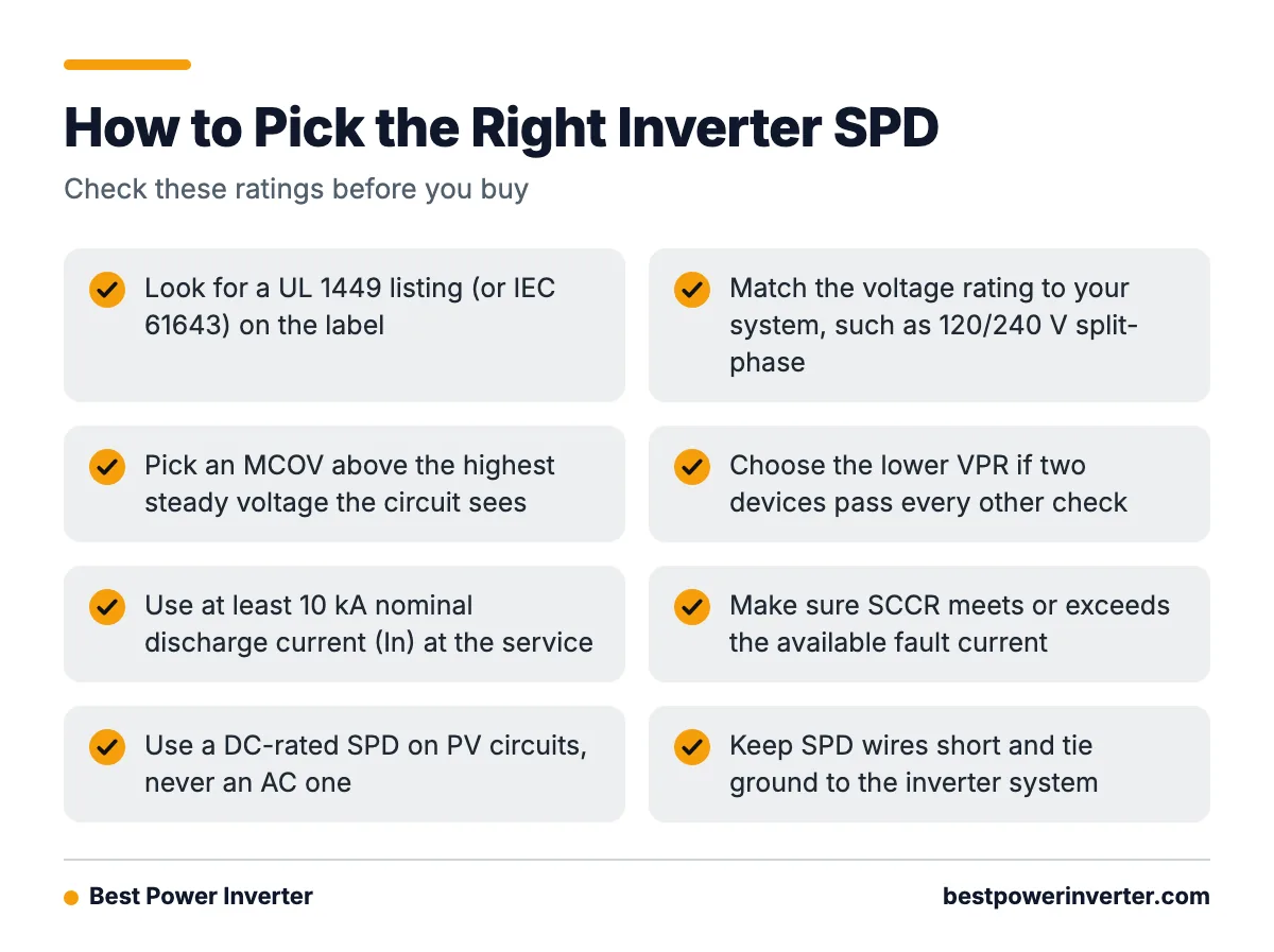 A checklist of ratings and install checks for choosing a surge protective device for a power inverter system.