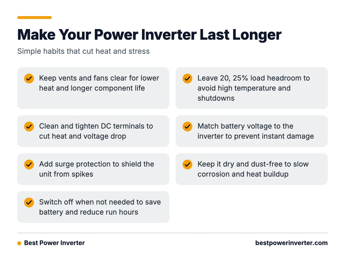 A checklist of seven habits that extend power inverter life, including clear vents, load headroom, clean terminals and matching battery voltage.
