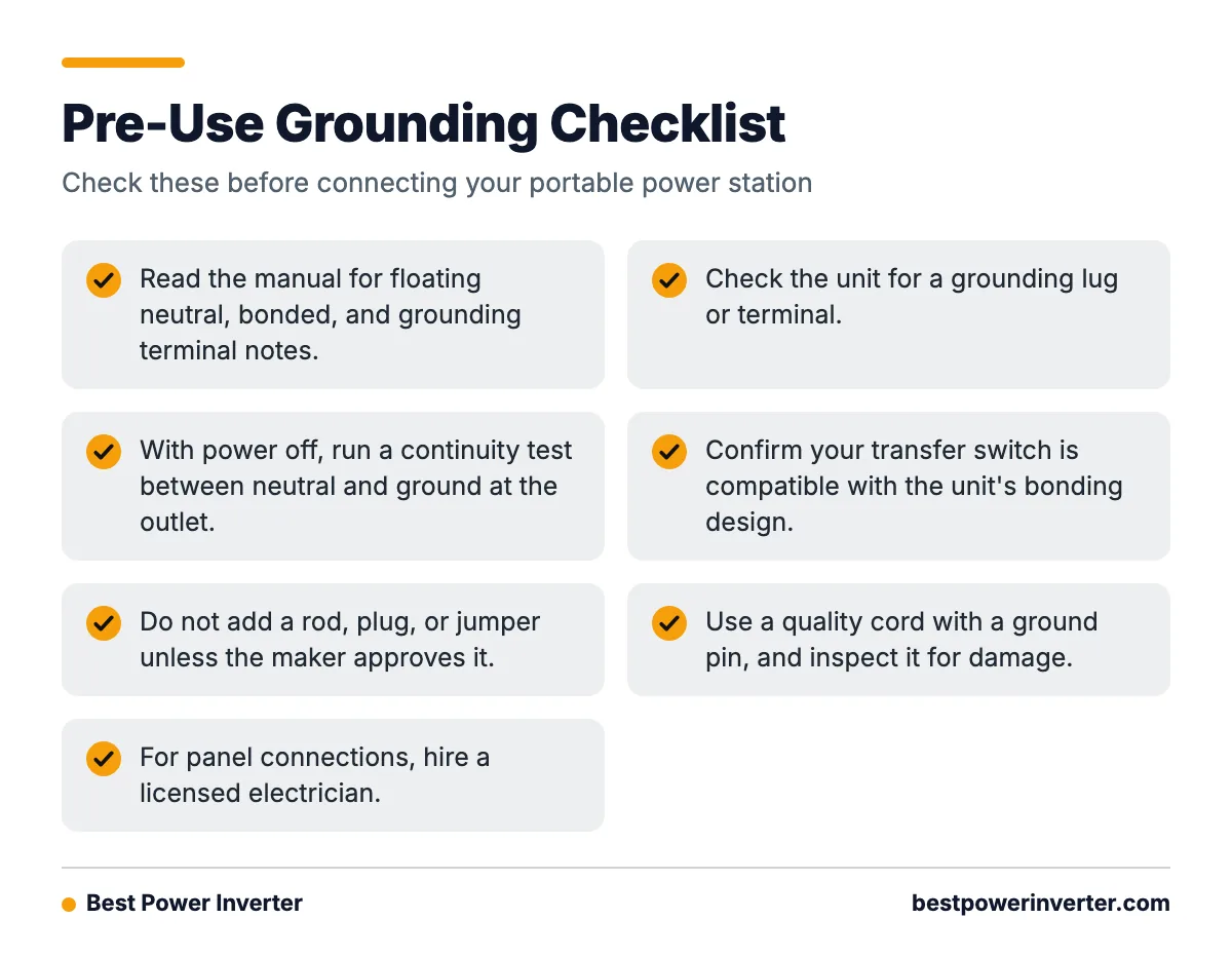 A checklist of seven steps to verify grounding and bonding before using a portable power station with an inverter.
