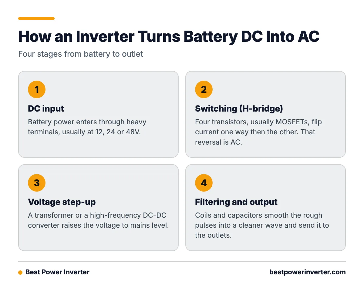 A four step diagram showing how an inverter takes DC input, switches it with an H-bridge, steps up the voltage and filters it into AC output.