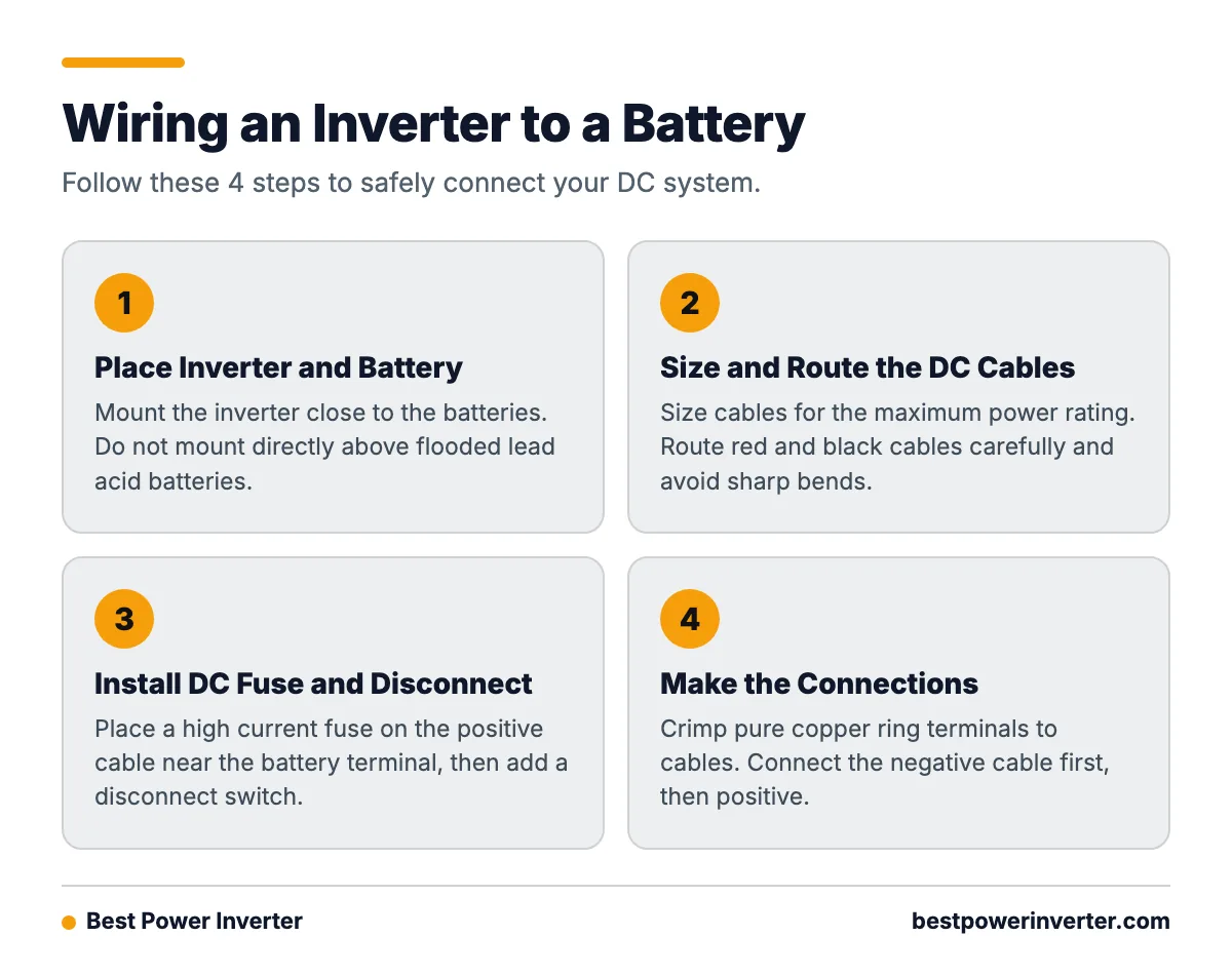 A four step guide to safely wiring a power inverter to a battery bank.