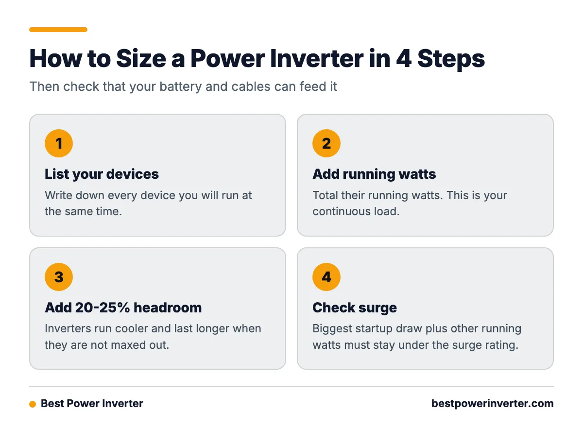 A four step process for sizing a power inverter: list devices, add running watts, add 20-25% headroom, and check surge.
