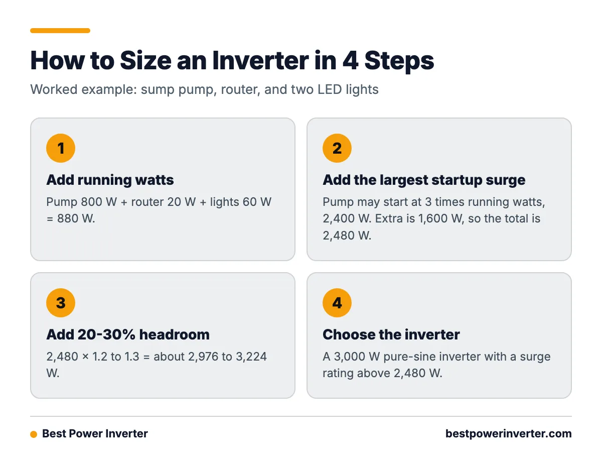 A four-step process for sizing an inverter, from adding running watts to choosing a 3,000 W pure-sine unit.