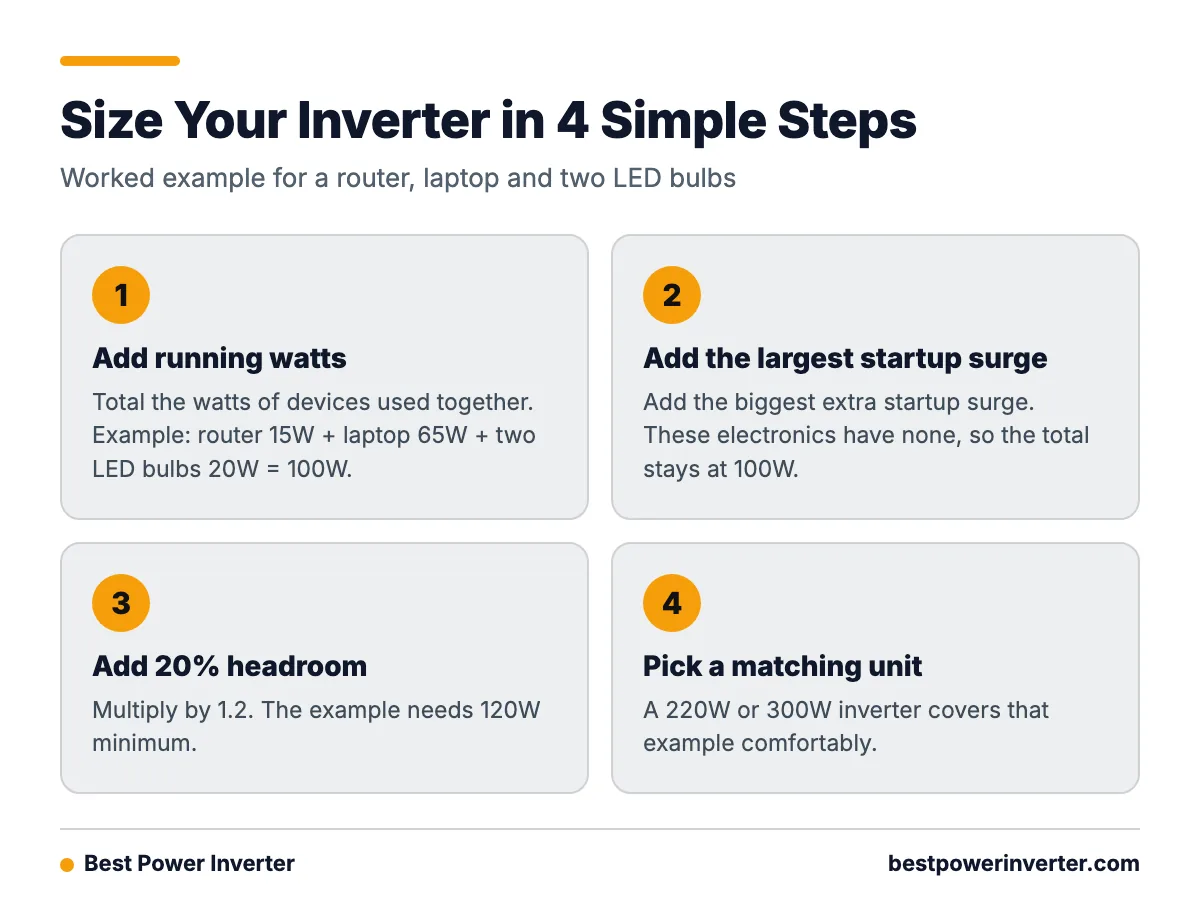 A four-step sizing guide: add running watts, add the largest startup surge, multiply by 1.2 for headroom, then choose a 220W or 300W inverter.