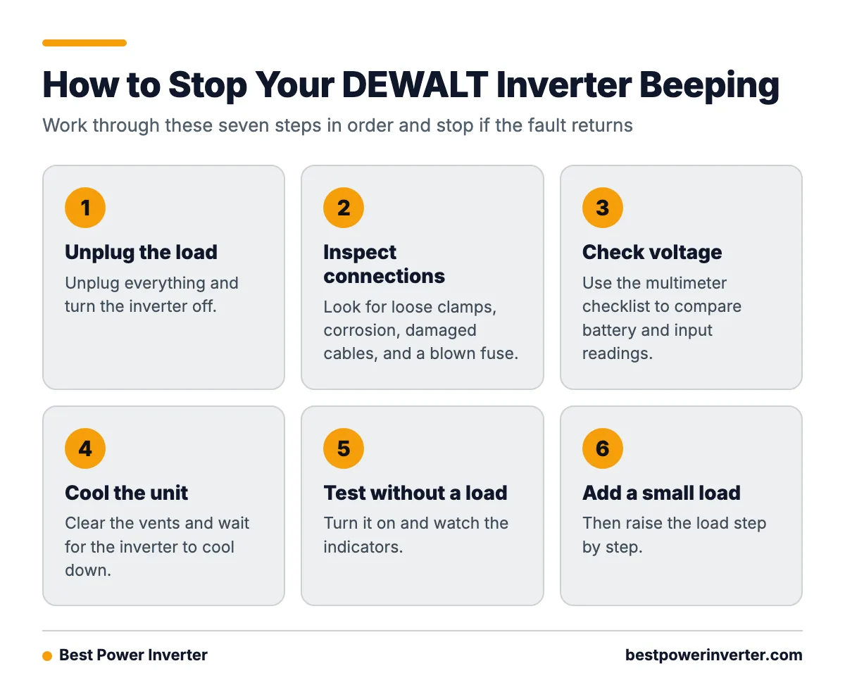 A seven step process for fixing a beeping DEWALT inverter, from unplugging the load to adding a small load and stopping if the fault returns.