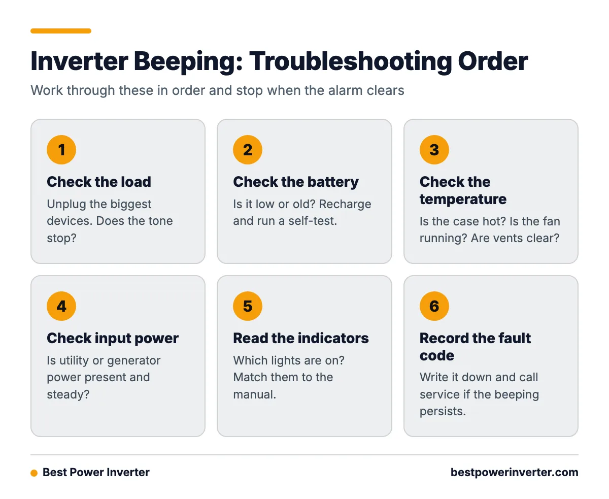 A six step process for troubleshooting a beeping inverter: load, battery, temperature, input power, indicators, and fault code.