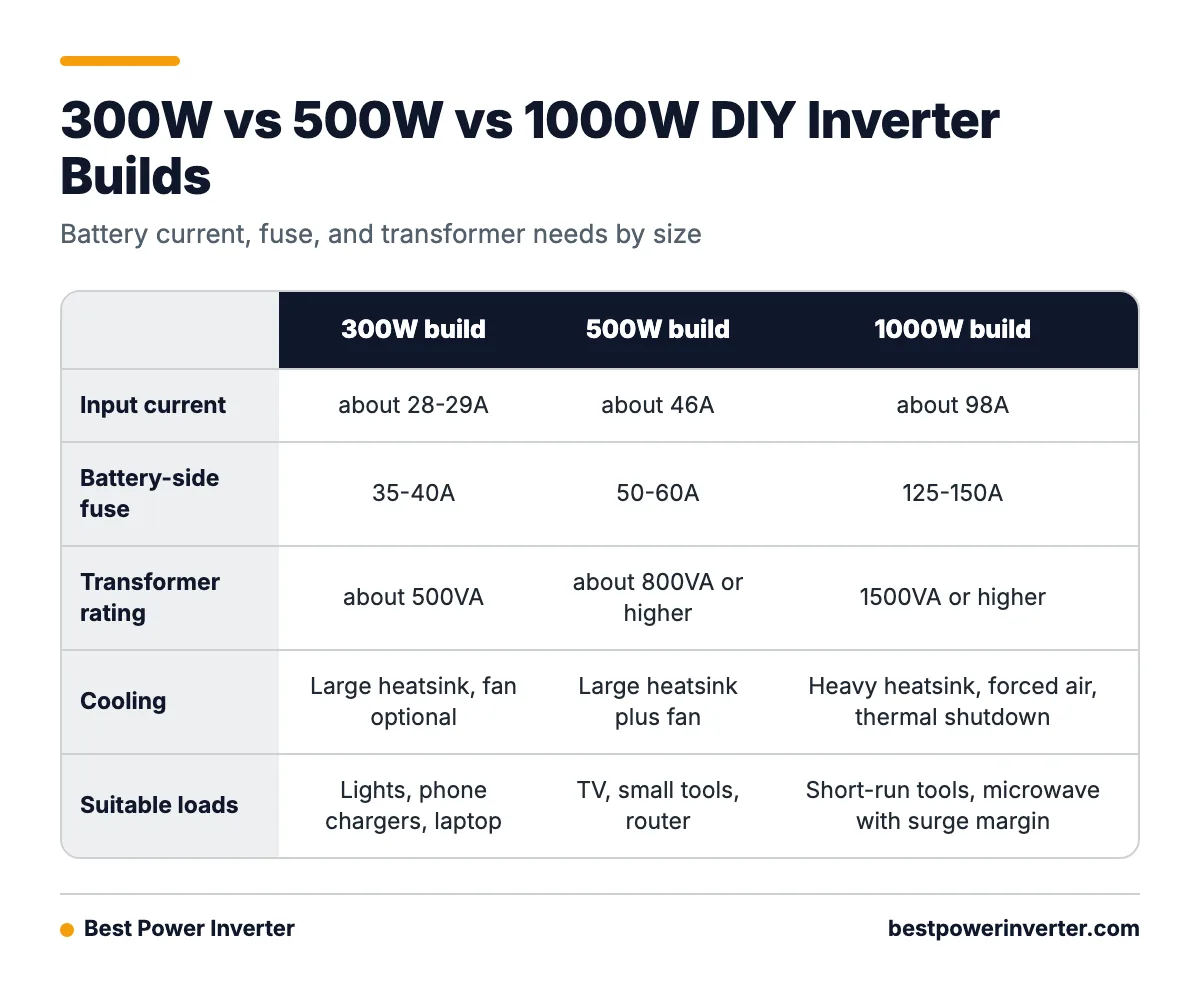 Comparison table of 300W, 500W and 1000W DIY 12V inverter builds showing input current, battery fuse, transformer rating and cooling.