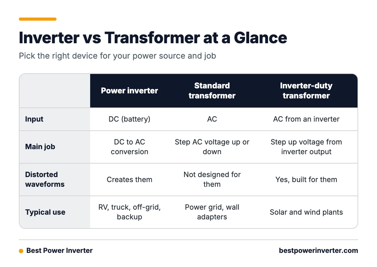 Comparison table of a power inverter, a standard transformer and an inverter-duty transformer by input, main job, waveform handling and typical use.