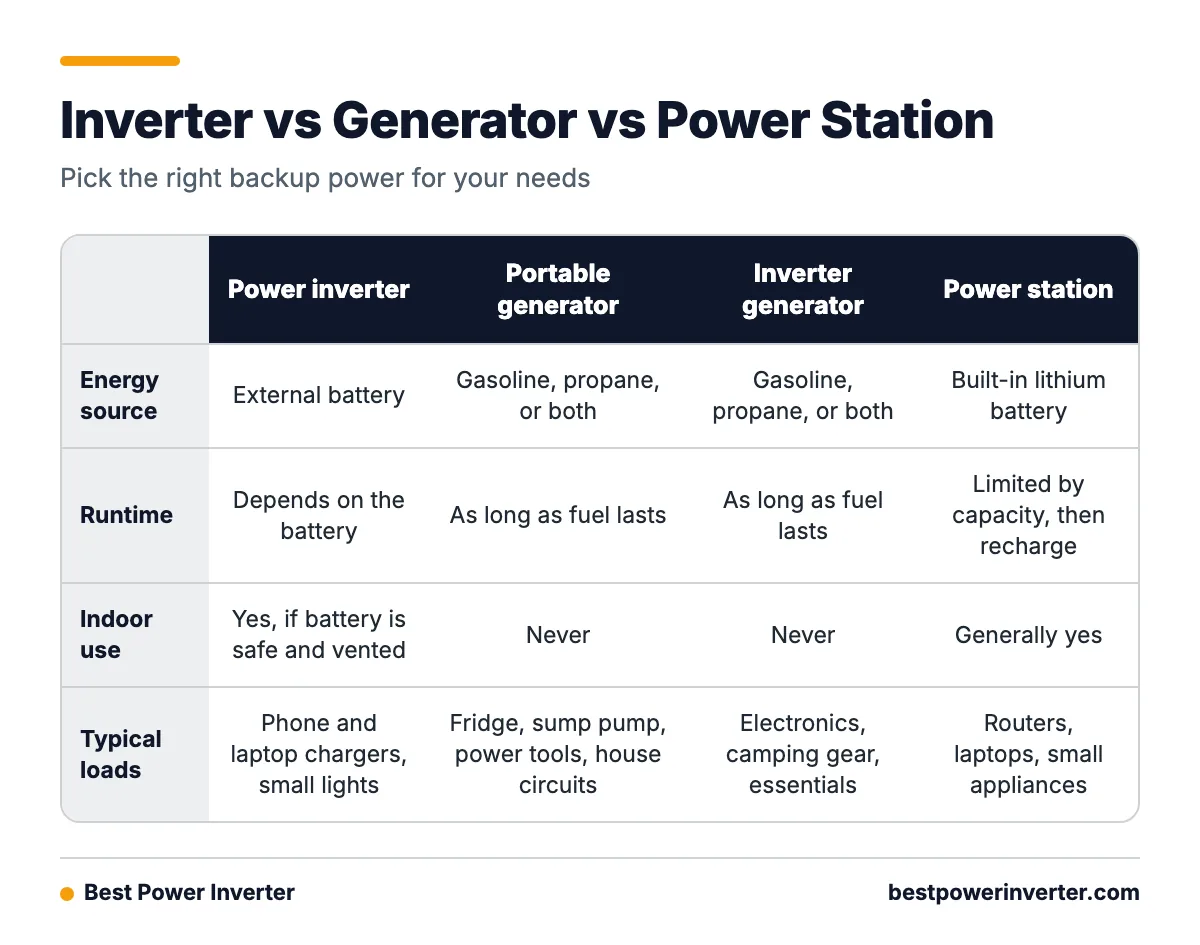 Comparison table of a power inverter, portable generator, inverter generator and portable power station by energy source, runtime, indoor use and typical loads.