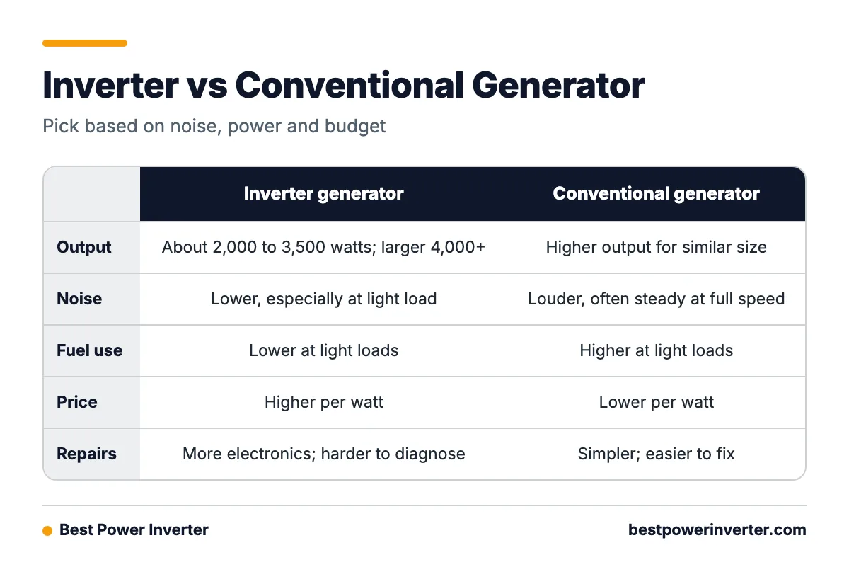 Comparison table of inverter generators and conventional generators across output, noise, fuel use, price and repair complexity.