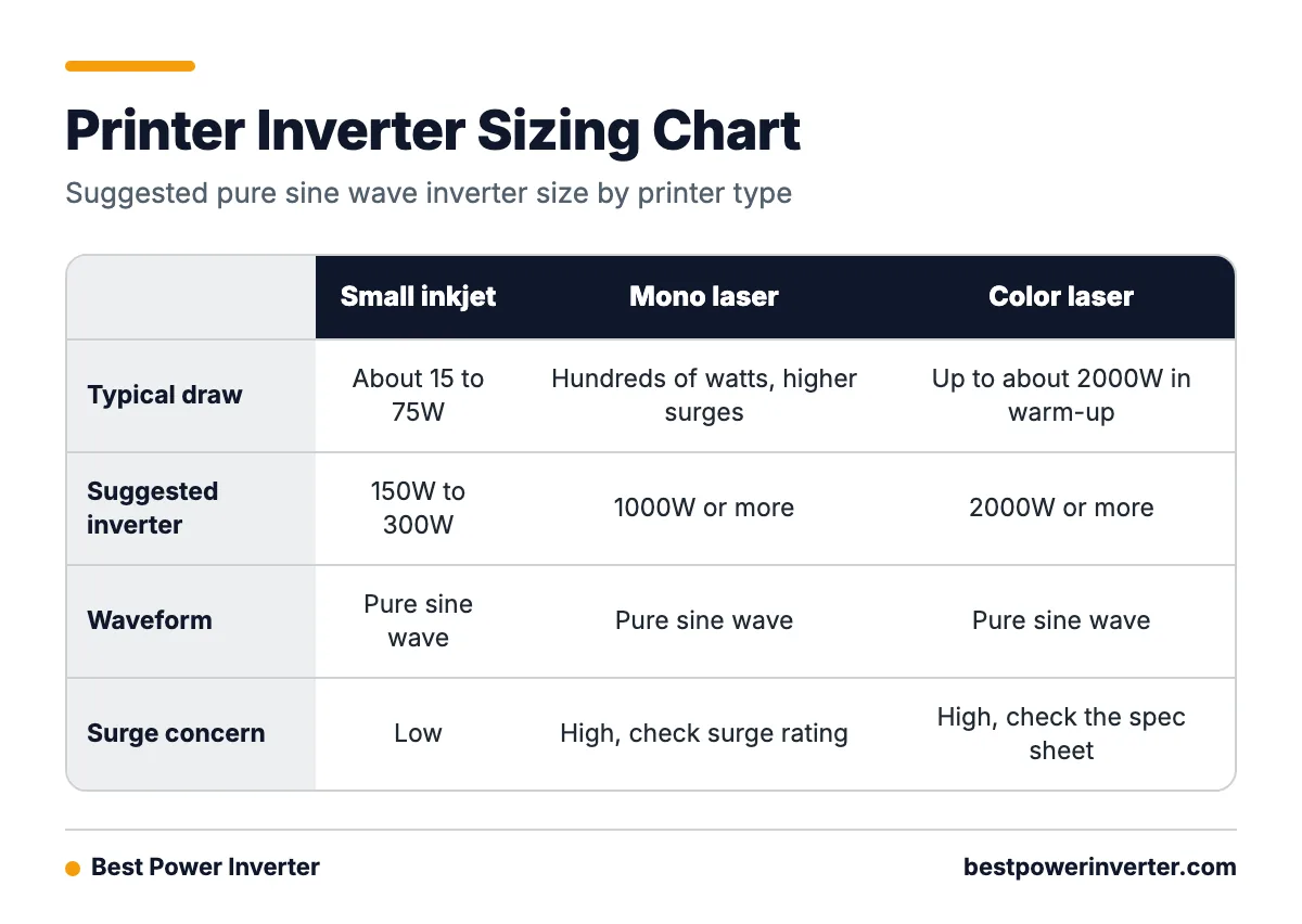 Comparison table of small inkjet, mono laser and color laser printers showing typical power draw and suggested pure sine wave inverter size.