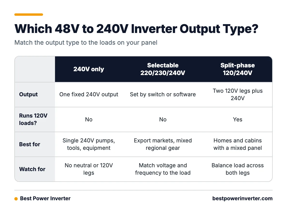 Table comparing 240V only, selectable 220/230/240V, and split-phase 120/240V inverters by output, 120V support, best use and what to watch for.