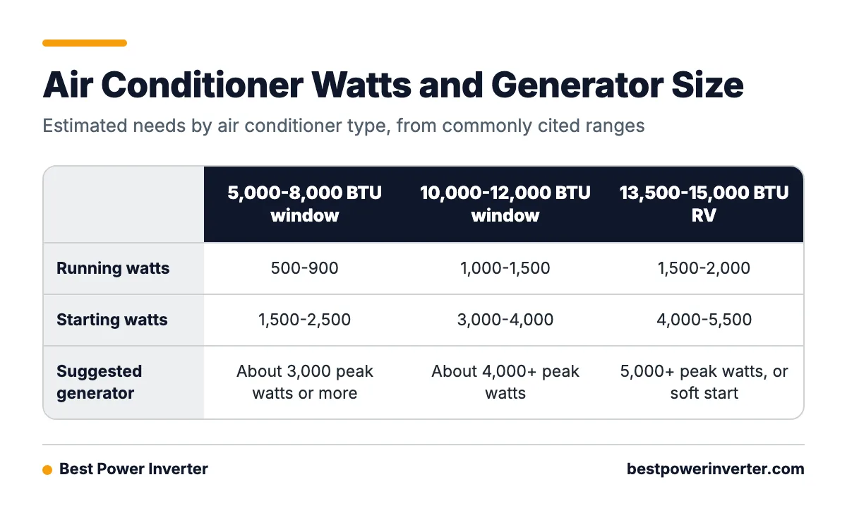Table comparing estimated running watts, starting watts and suggested generator size for 5,000-8,000 BTU window, 10,000-12,000 BTU window, and 13,500-15,000 BTU RV air conditioners.