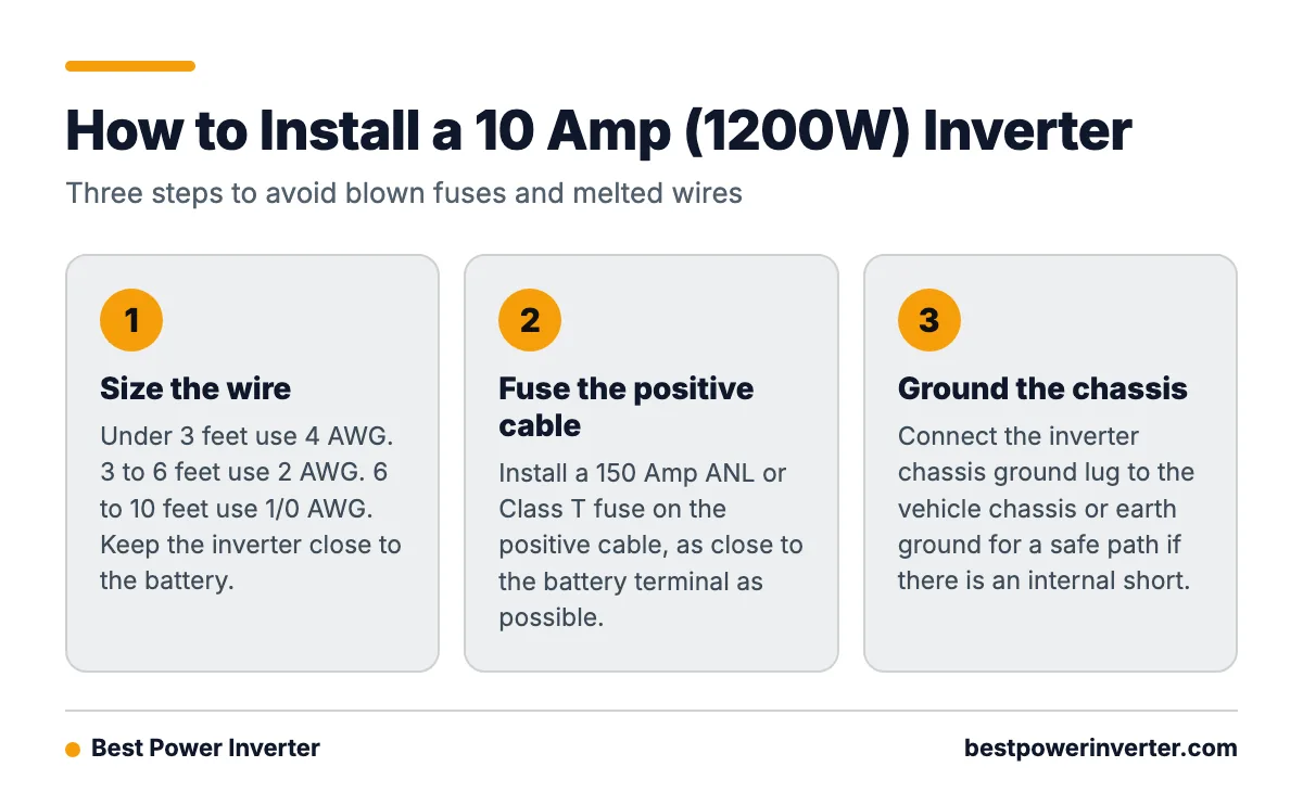 Three step process for installing a 1200W inverter: size the wire by distance, add a 150 amp fuse near the battery, and ground the chassis.